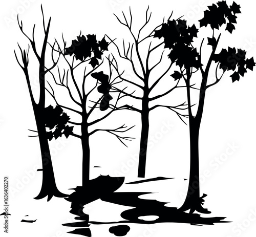 Black silhouette of group of dried up trees from drought isolated on white background