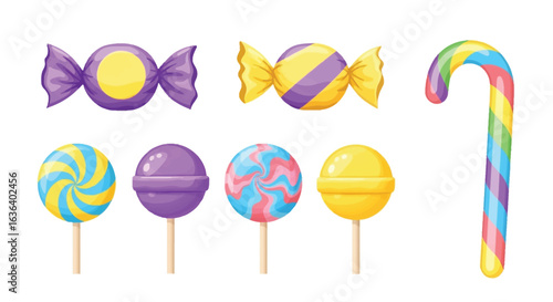 Vector art of collection of colorful candies including swirled lollipops, wrapped sweets, and a rainbow candy cane, representing a variety of sweet treats and festive delights