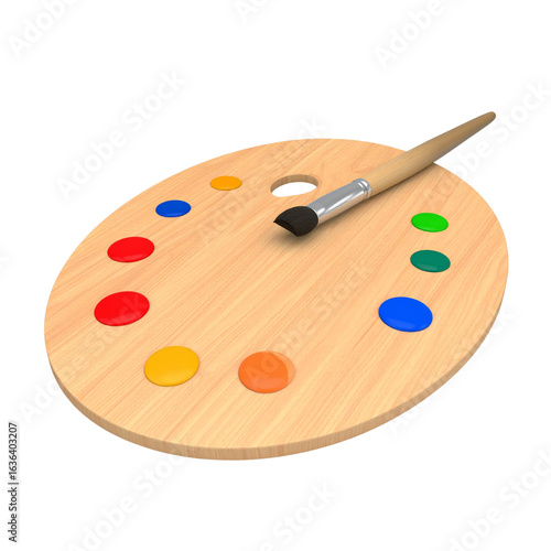3D Wooden Artist Palette with Realistic Brush and Paint, transparent background 2