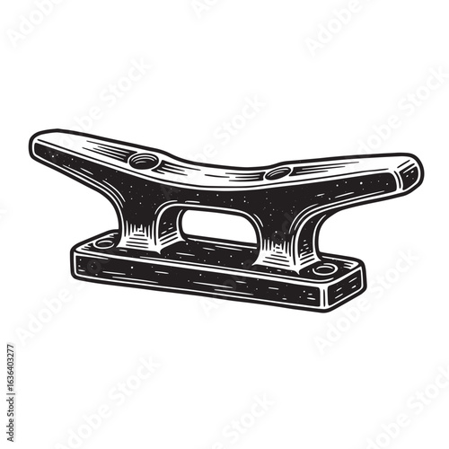 Black and white detailed nautical boat cleat graphic isolated on white background