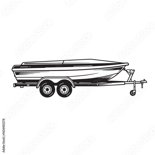 Black and white illustration of a boat on a trailer for water transportation