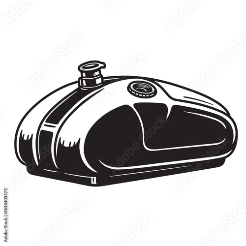Black and white illustration of a classic vintage motorcycle fuel tank isolated on white