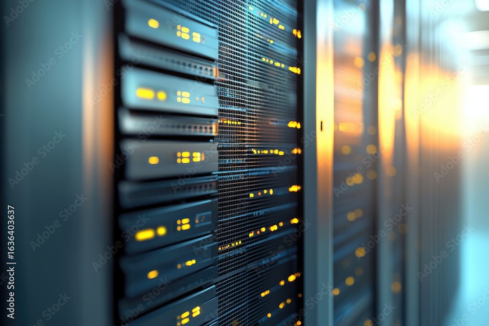 Modern data center server racks with yellow LED indicators and soft sunlight reflections, perfect for IT operations, AI infrastructure, cybersecurity, and cloud technology themes Modern data center server racks with yellow LED indicators and soft sunlight reflections, perfect for IT operations, AI infrastructure, cybersecurity, and cloud technology themes