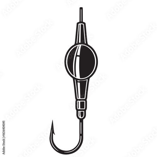 Black and white illustration of a fishing swivel with a hook isolated on white