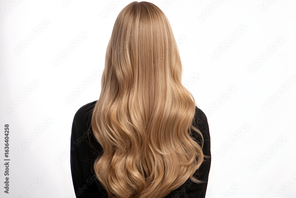 Naklejka premium Back view of a woman with long blonde wavy hair wearing a black top on a white background studio shot .