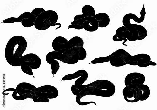 Collection of Black Snake Silhouettes in Various Poses and Movements on a White Background
