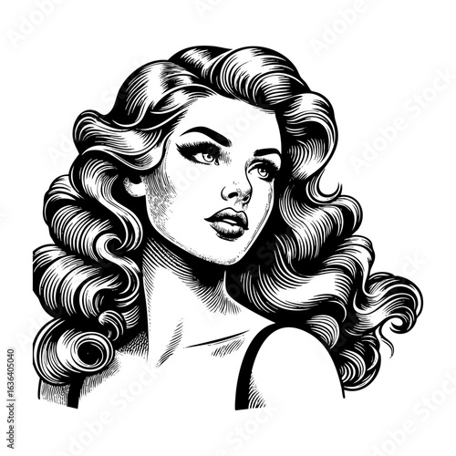 woman with curvy long hair wear dress looking upward	in Black and White Engraving Art
