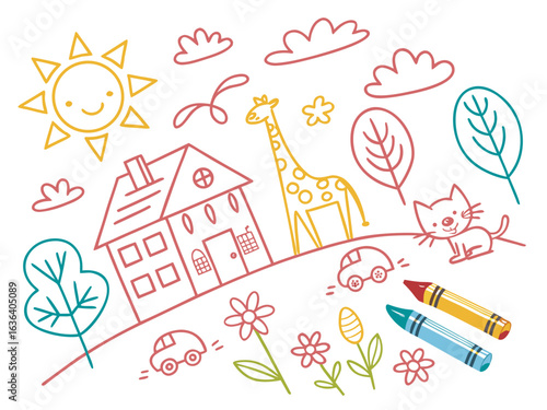 Seamless crayon children’s background of rainbow, flower, house, tree, and cat. Hand-drawn pencil sketch vector illustration perfect for preschool, classroom, or baby-themed design.

