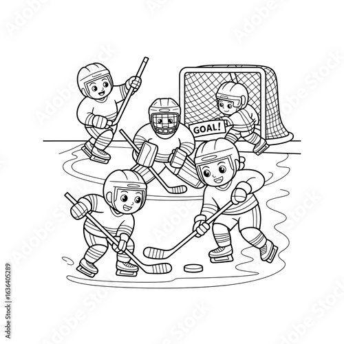 Cartoon Hockey Players in Action Line Art Illustration
