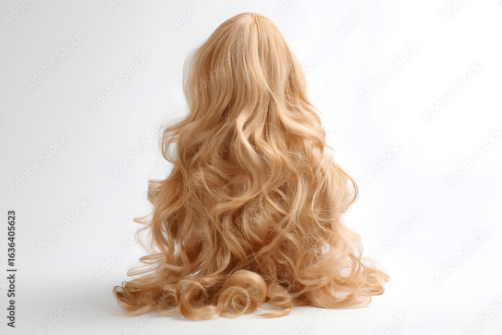 Naklejka premium Back view of a long blonde curly wig on a white background in studio lighting conditions today now .