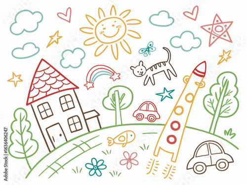 Crayon kids’ drawing of a happy day with sun, house, rainbow, flower, and animals in colorful sketch. Seamless vector pattern perfect for preschool, nursery, or children’s decor themes.

