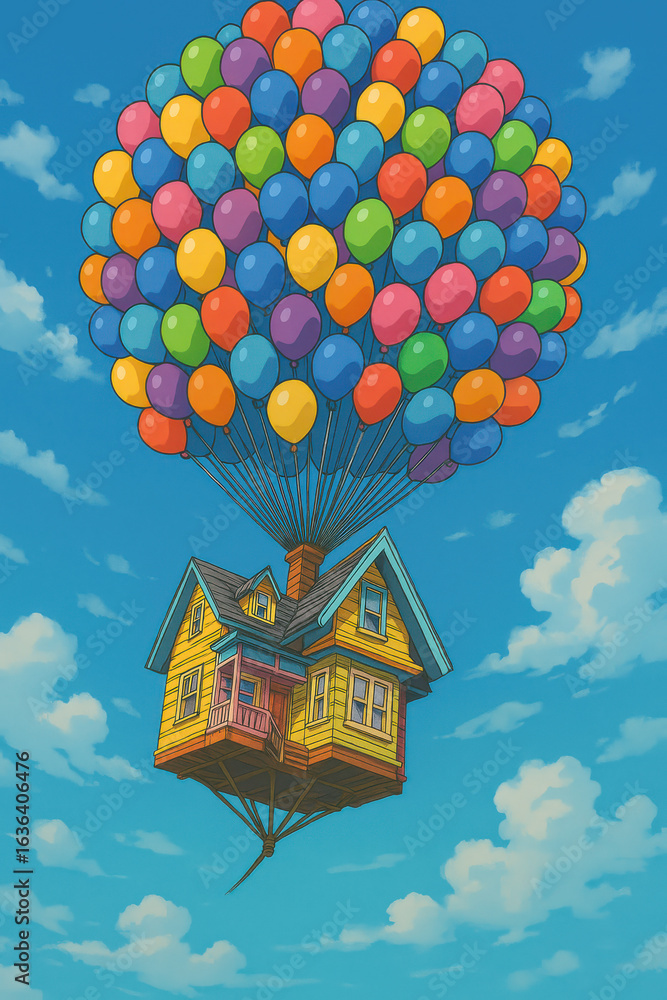 Fototapeta premium Cartoon house lifted into sky by hundreds of colorful balloons against blue clouds for whimsical fantasy adventure illustration