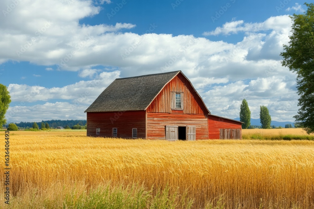 Red barn in golden wheat field under blue sky Red barn in golden wheat field under blue sky
