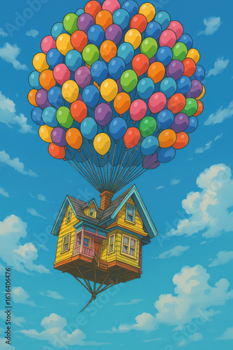 Cartoon house lifted into sky by hundreds of colorful balloons against blue clouds for whimsical fantasy adventure illustration