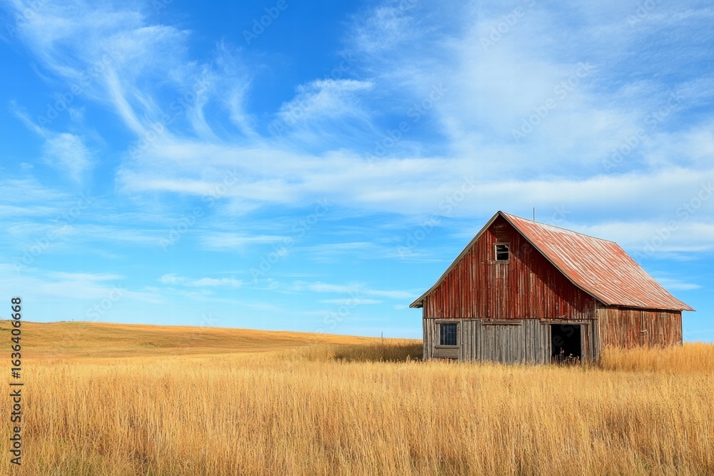 Red barn in yellow wheat field Red barn in yellow wheat field
