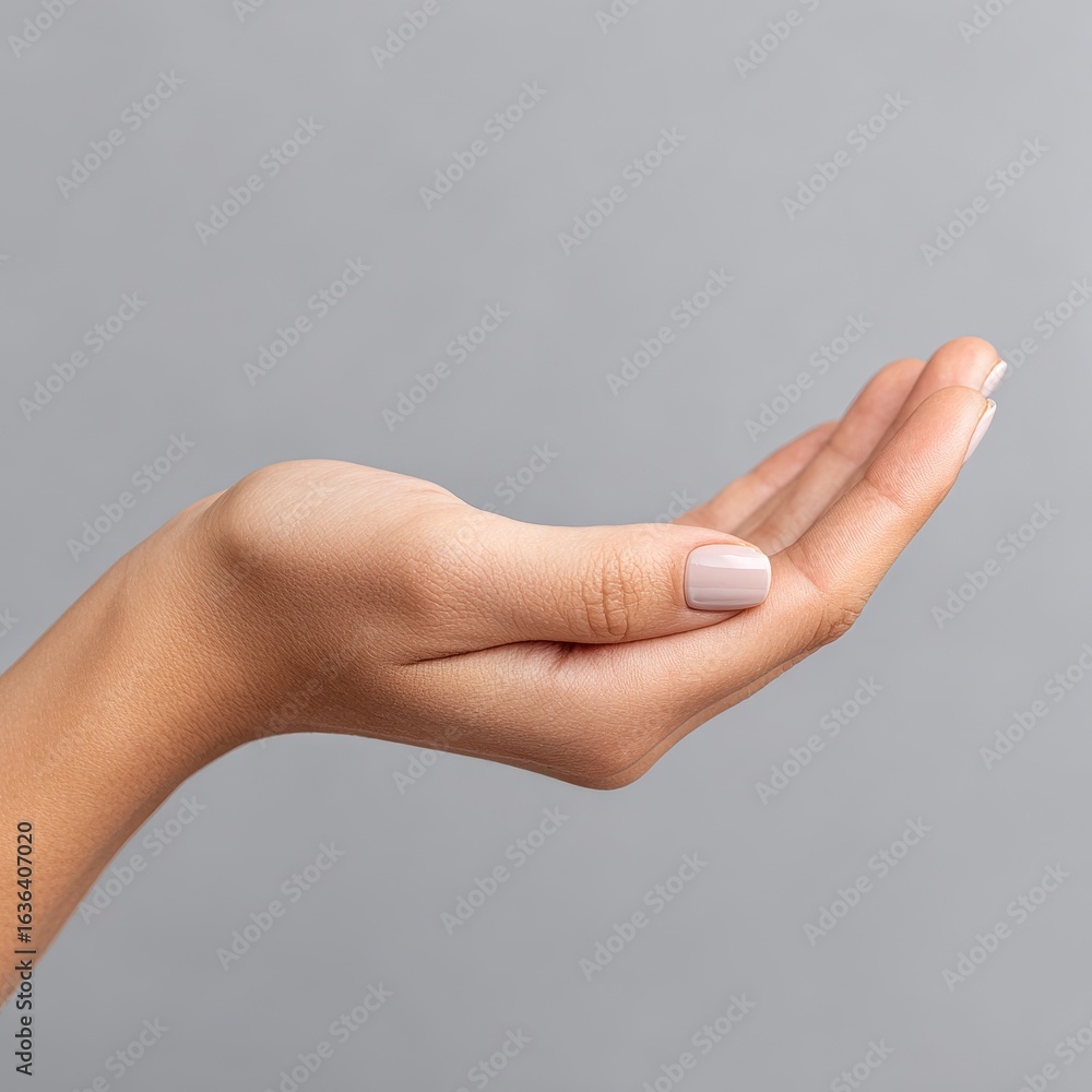Naklejka premium Close-up of a woman's hand with manicure in neutral tones beauty focus minimal aesthetic studio environment