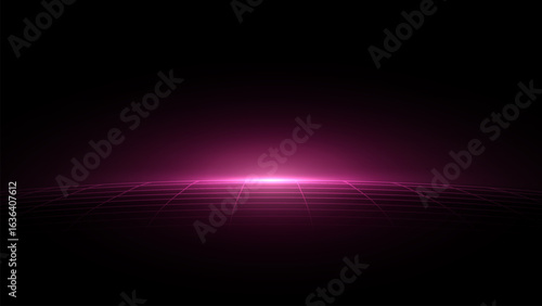 Tech Grid of Curved 3D Stage. Perspective Grid Floor. VR Virtual Reality Metaverse Environment. Abstract Dark Surface with light effect vector illustration.