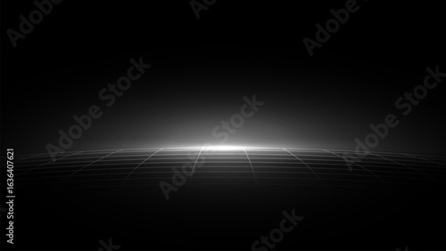 Tech Grid of Curved 3D Stage. Perspective Grid Floor. VR Virtual Reality Metaverse Environment. Abstract Dark Surface with light effect vector illustration.