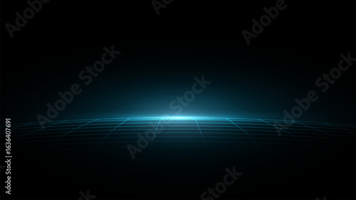 Tech Grid of Curved 3D Stage. Perspective Grid Floor. VR Virtual Reality Metaverse Environment. Abstract Dark Surface with light effect vector illustration.