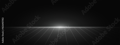 Tech Grid of Curved 3D Stage. Perspective Grid Floor. VR Virtual Reality Metaverse Environment. Abstract Dark Surface with light effect vector illustration.