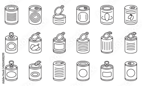 Set of black-and-white canned food vector icons with different can designs and labels