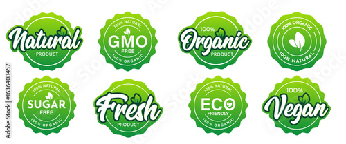 100% Natural, GMO Free, Vegan, Fresh, Organic, Healthy, Eco Friendly, Sugar Free Vector Badge Design. 100% Natural Product Badge design.