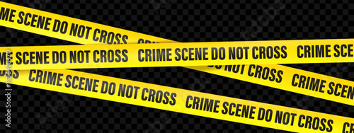 Crime Scene line do not cross, text on the yellow tape on white, black and transparent background. Realistic 3d Detailed Black and Yellow Police Line Tape.