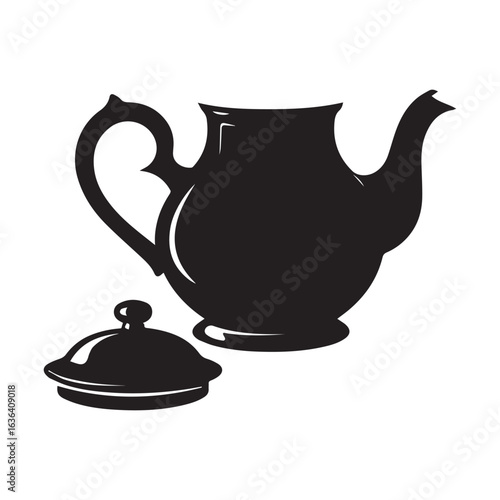 Classic Teapot Silhouette Graphic, Teapot and teacup on black background with traditional ceramic style and no people