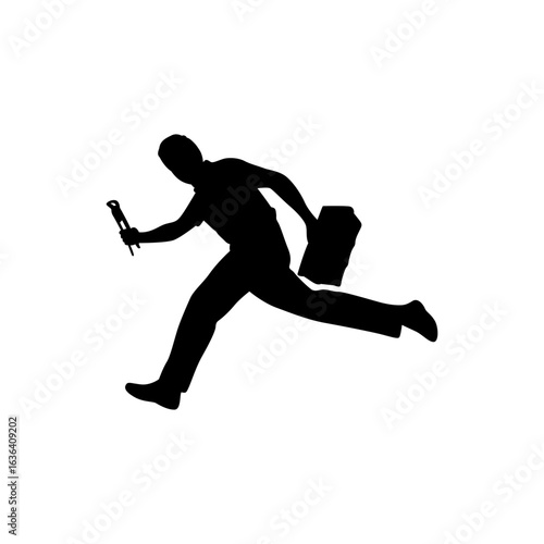 A black silhouette of a man, running quickly while carrying tools and a toolbox.
