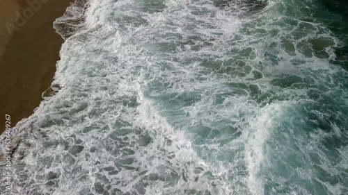 Aerial top view of Black sea coast with big waves near Alepui wild beach, Bulgaria. Drone picture. 