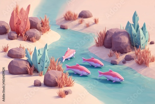 A pastel 3D river scene with salmon swimming upstream. Whimsical nature illustration featuring soft colors, rocky banks, and tranquil wildlife movement.
