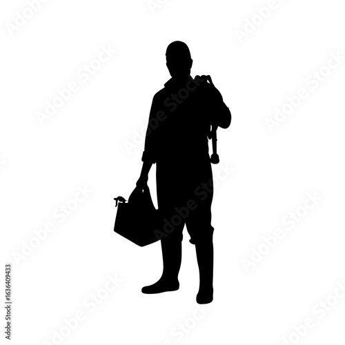 Full shot silhouette of a man, likely a craftsman or repairman, holding a toolbox.