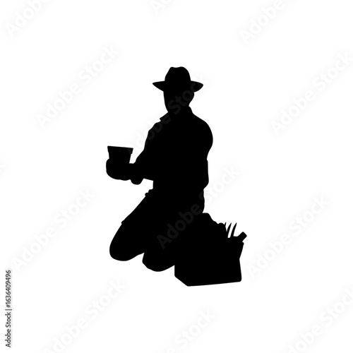 Full-body silhouette of a man in outdoor attire, likely a scout or frontiersman, standing thoughtfully with arms crossed.