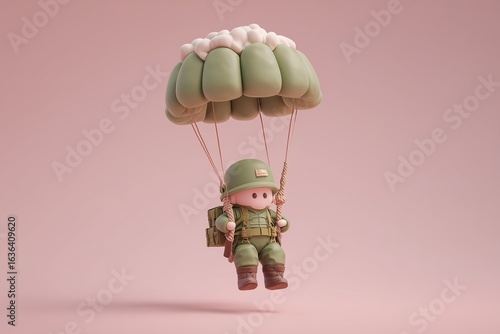 A pastel 3D paratrooper descending with parachute. Whimsical military character featuring soft colors, gentle motion, and playful adventure theme.
