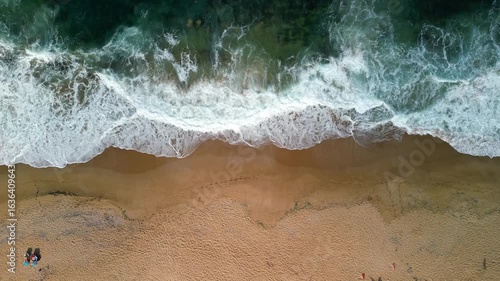 Aerial top view of Black sea coast with big waves near Alepui wild beach, Bulgaria. Drone picture. 