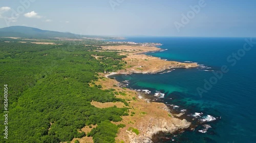 Aerial panorama of beach at the mouth of the Veleka River, Sinemorets village, Burgas Region, Bulgaria