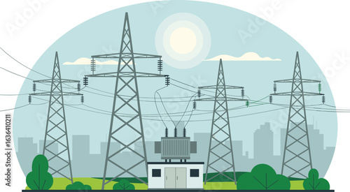 Electric power transmission towers, power lines, energy distribution station, utility infrastructure, high voltage grid, electricity network, urban background, transformer station