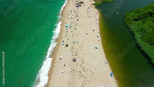 Aerial panorama of beach at the mouth of the Veleka River, Sinemorets village, Burgas Region, Bulgaria
