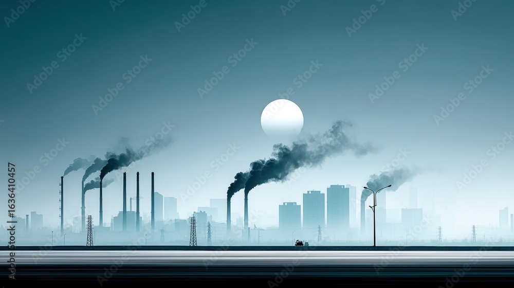Obraz premium Industrial Cityscape at Sunset with Pollution and Smoke Emissions