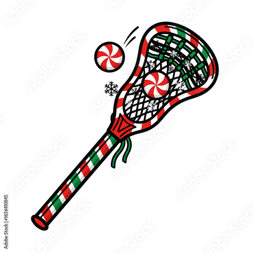Festive Christmas Lacrosse Stick with Candy Cane Stripes and Peppermint Ball
