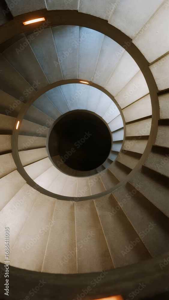 Fototapeta premium A never-ending spiral staircase made of pale concrete, dim warm lights casting distorted shadows, vanishing into darkness, eerie silence, surreal liminal space