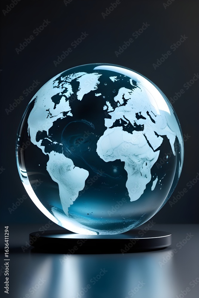 Fototapeta premium Glowing crystal earth globe on a dark pedestal