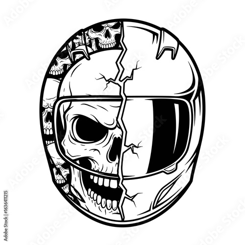 Cracking Motorcycle Helmet Revealing Skull Monochrome Illustration