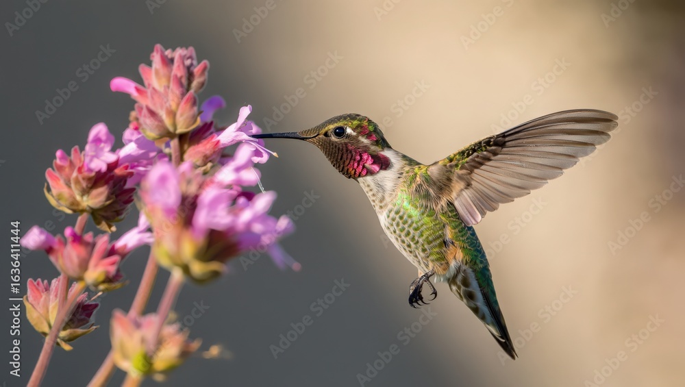 Fototapeta premium Close up of a hummingbird feeding on pink flowers with wings spread in natural light setting outdoors