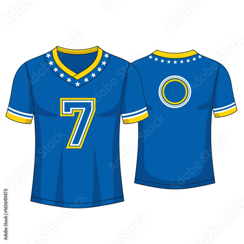 Blue Football Jersey with Yellow Trim Stars and Number 7 Front and Back