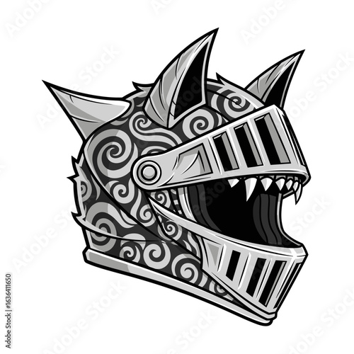 Intricate Monster Knight Helmet with Horns and Ornate Swirls Illustration