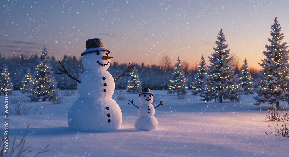Fototapeta premium Snowman standing in snowy winter scene with scarf and hat for Christmas and holiday season