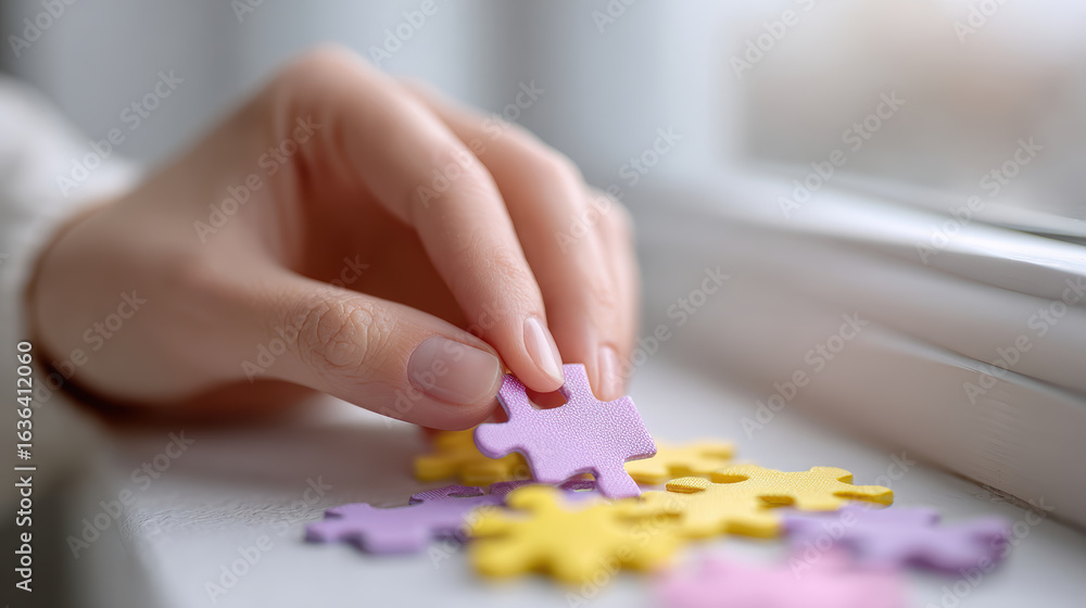 Fototapeta premium Calm neurodiverse person hand picks up purple puzzle piece on windowsill concept for autism awareness creative problem solving and hope