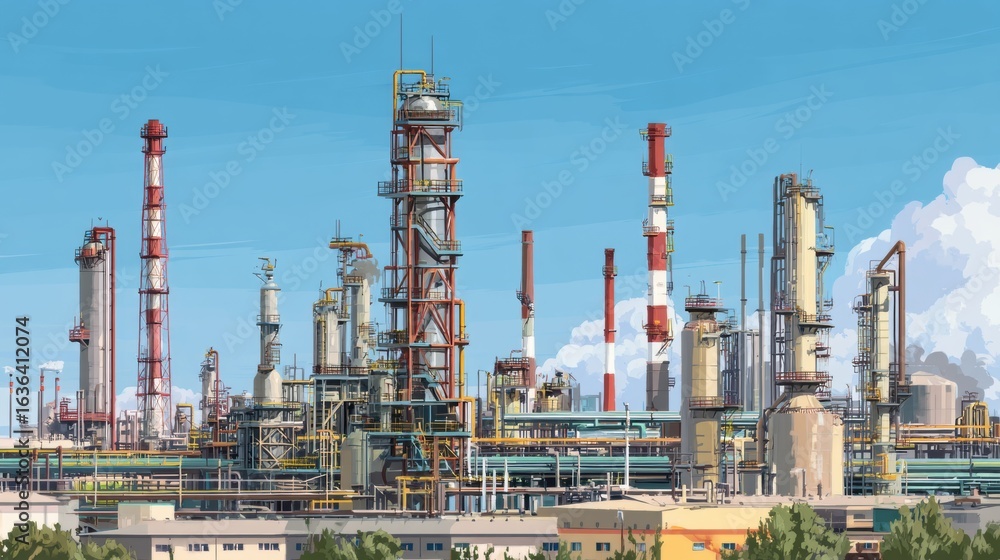 Obraz premium Colorful Industrial Factory Landscape Under Clear Blue Sky