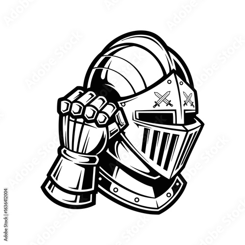Medieval Knight Helmet and Gauntlet Fist Clenching Black and White Illustration